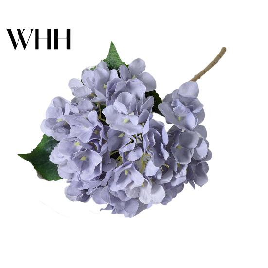 Artificial Hydrangea with Green Leaves Stem Realistic Fake Flower Wedding Decorative Flowers Home Office Table Centerpiece Faux Floral Branch
