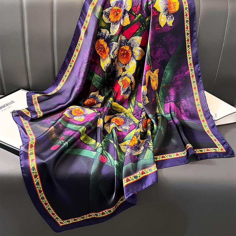 Print Satin Silk Square Scarf Hijab Women Bandana 90CM Headscarves Neckerchief Ladies Muffler Shawl Wrap Foulard Headband