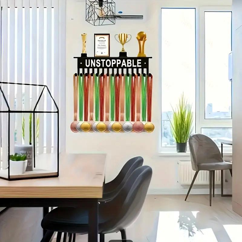 Medals & Trophy Display Stand Wall-Mounted Metal Key Hooks "Unstoppable" Design Inspirational Sports Wall Decor
