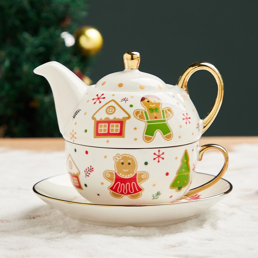 Christmas Ceramic Gold-plated Teapot Cup and Saucer Set Nordic Style Gold Plating Mug Handle Gift Box Teaware Sets Xmas Gifts