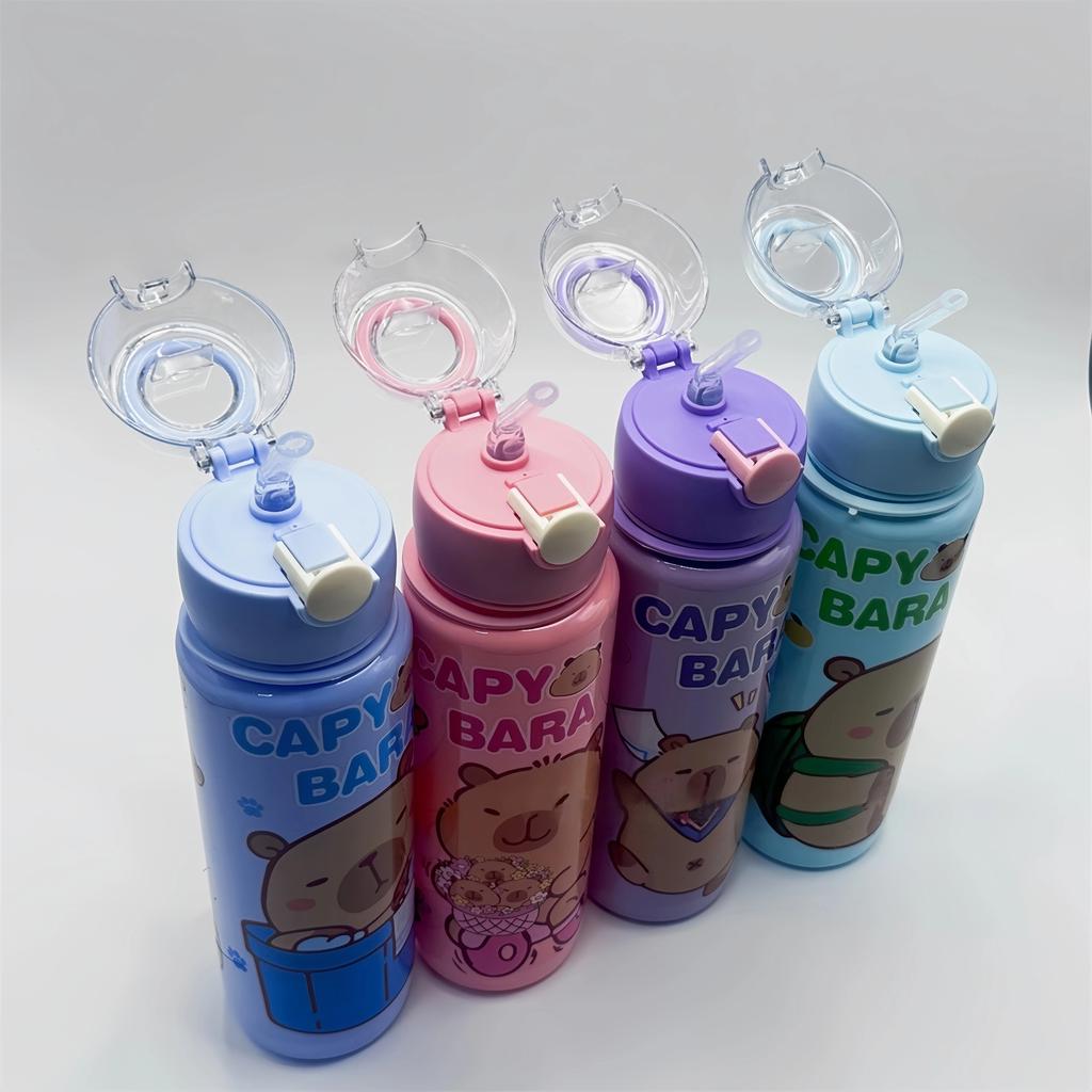 Тема капибары Милая бутылка для воды 700 мл, с ручкой, герметичная конструкция, в комплекте соломинка, прочная, идеально подходит для школы и кемпинга