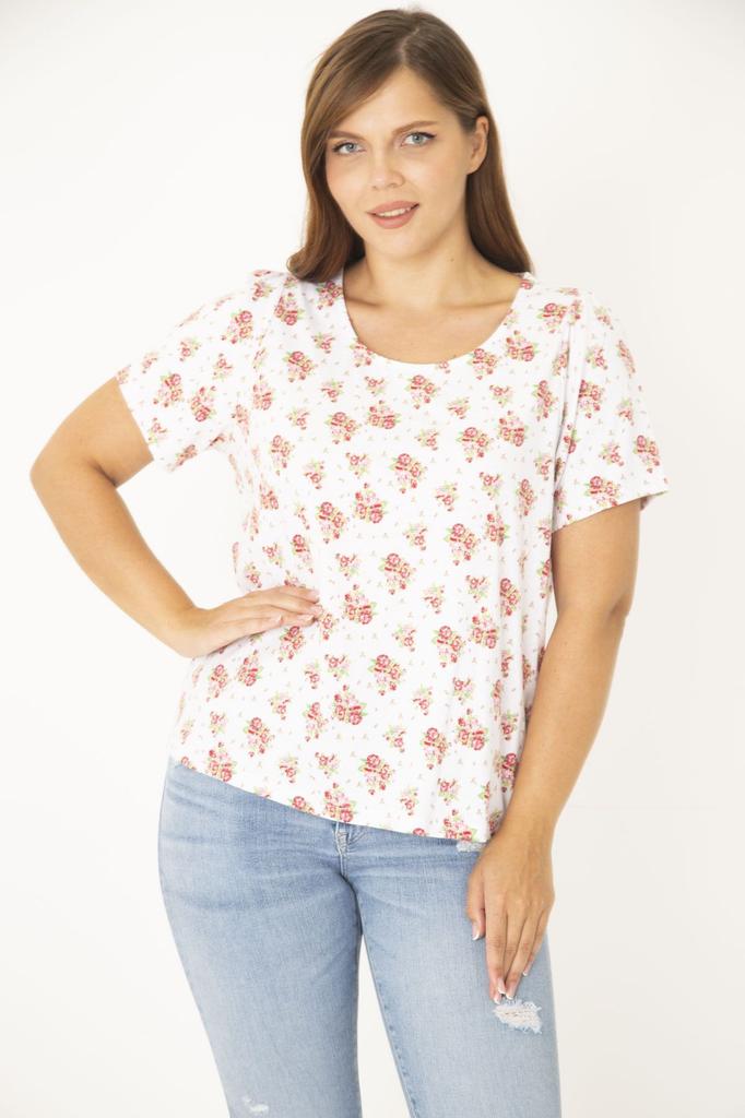 Женская блузка большого размера Плюс размер костяной хлопчатобумажной ткани с круглым вырезом и узором Блузка