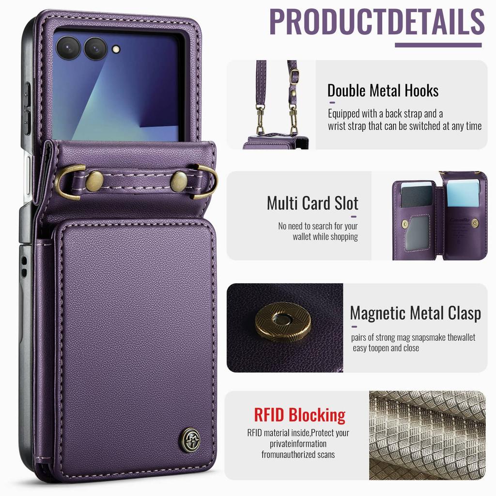 For Samsung Galaxy Z Flip 8 Wallet Case with RFID Blocking Leather Card Holder with Detachable Wristlet Strap Flip Phone Cover