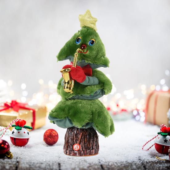 Электрическая новогодняя елочная игрушка с музыкальным светом, работающая от батареек, светодиодная, танцующая, поющая, мини-плюшевая зеленая елка, настольное украшение, украшение для вечеринки