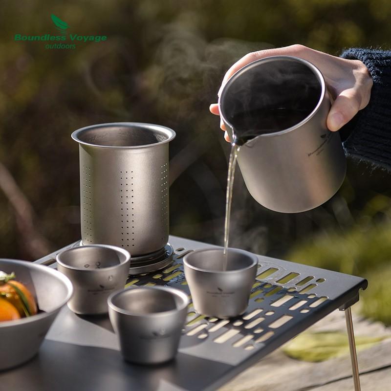 Titanium Travel Tea Set With Gooseneck Teapot Double-Walled Cup Lightweight Portable Gaiwan Camping Hiking Outdoor Use