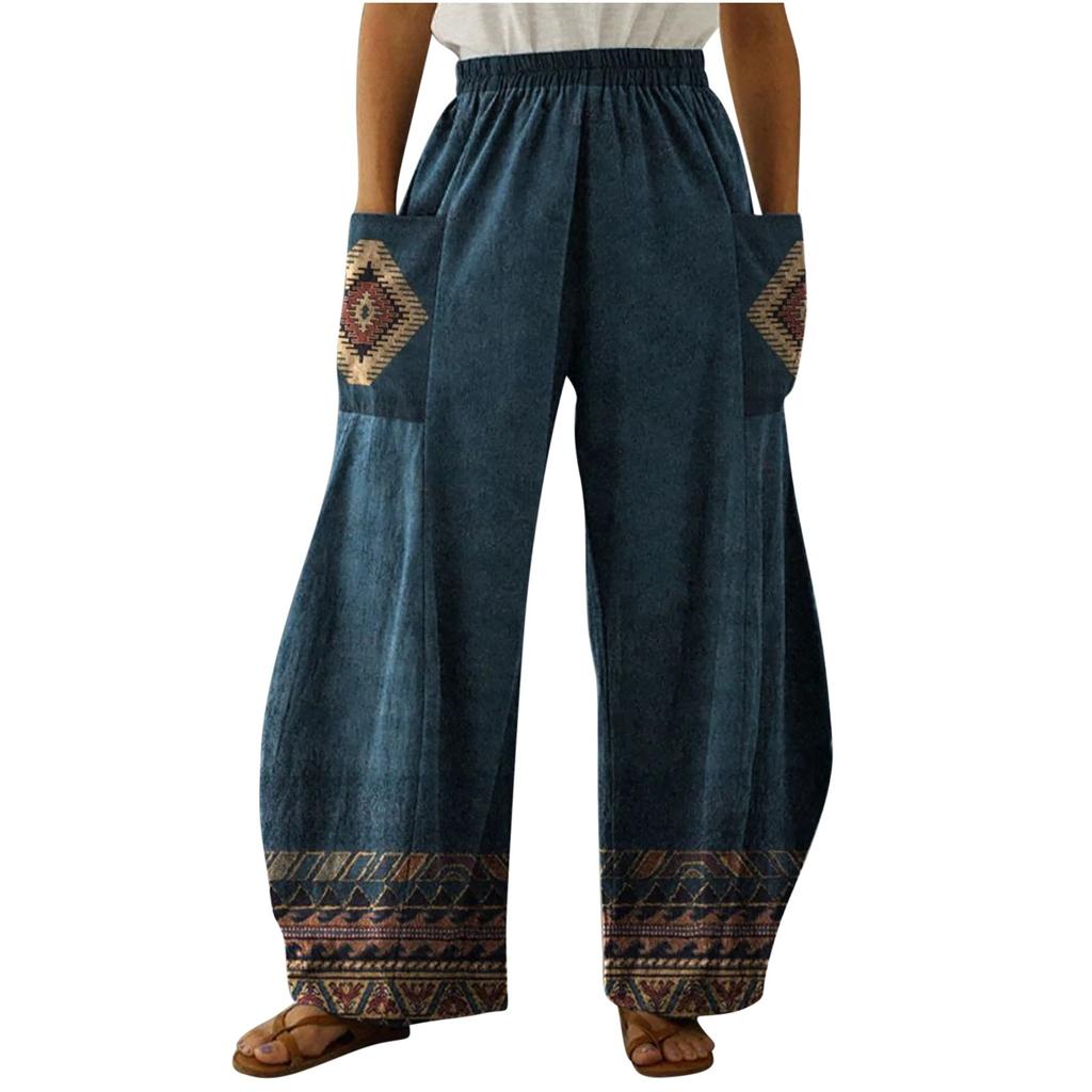 Женские свободные повседневные широкие брюки из хлопка и льна с принтом