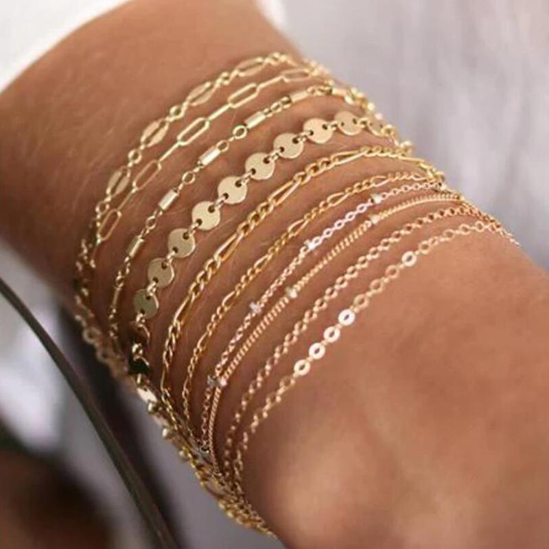 10 Pcs Dainty Gold Color Chain Bracelets Set for Women Gold Plated Link Chain Bracelets for Women Trendy Stackable Jewelry Gifts