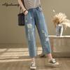 Корейская мода летние женские синие рваные джинсы с эластичной талией из стираного хлопкового денима капри винтажные женские джинсы с вышивкой в виде подсолнуха