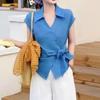 Трендовая повседневная рубашка с коротким рукавом и завязками для женщин, лето, новые стильные универсальные блузки