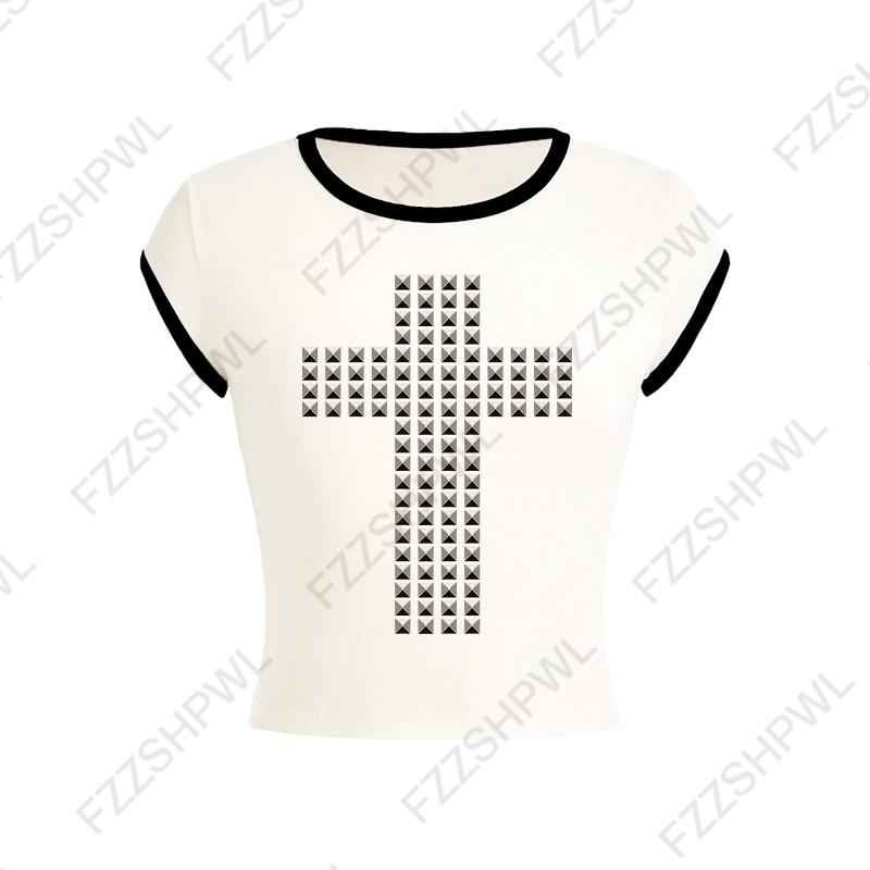 VAYLA Готическая Панк Рок Хип Хоп Женская Футболка с Коротким Рукавом Сексуальная Приталенная Шикарная Повседневная Базовая Металлический Декор Кроп-топы Y2K Эмо Одежда для Девушек