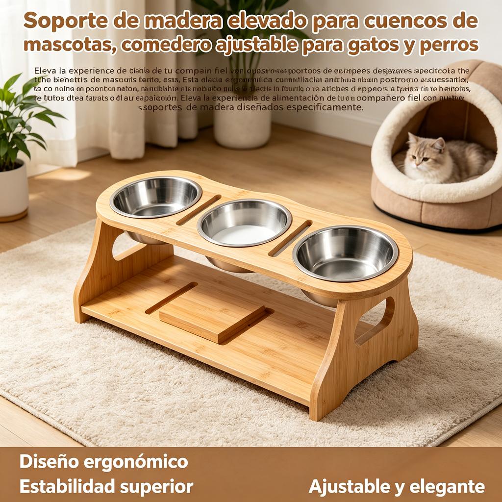 Soporte de madera elevado para cuencos de mascotas, comedero ajustable para gatos y perros