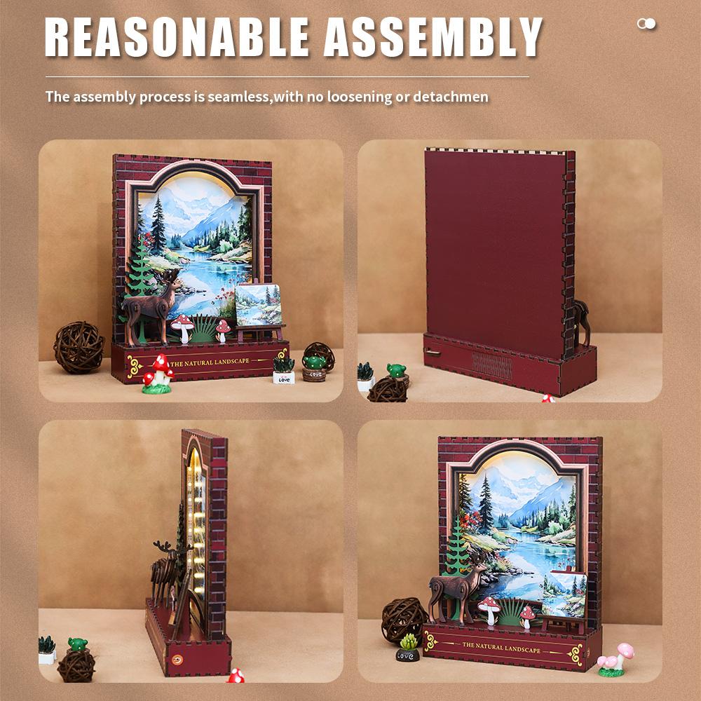OCHOICE Drop Shipping MOQ=1 Themed Book Nook Kit Mountain Forest Deer LED Miniature DIY Craft for Adults 3D Wooden Puzzle
