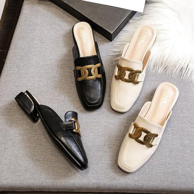 Весна и лето новые полутапочки женские на толстом низком каблуке модные универсальные классные тапочки женские ленивые туфли металлические бу