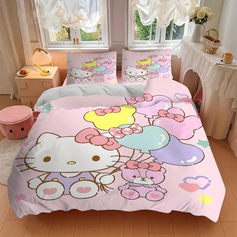 3 шт. Набор постельного белья с принтом мишек и Hello Kitty Sanrio (1 Пододеяльник + 2 Наволочки, Без Наполнителей), Мягкий и удобный W007