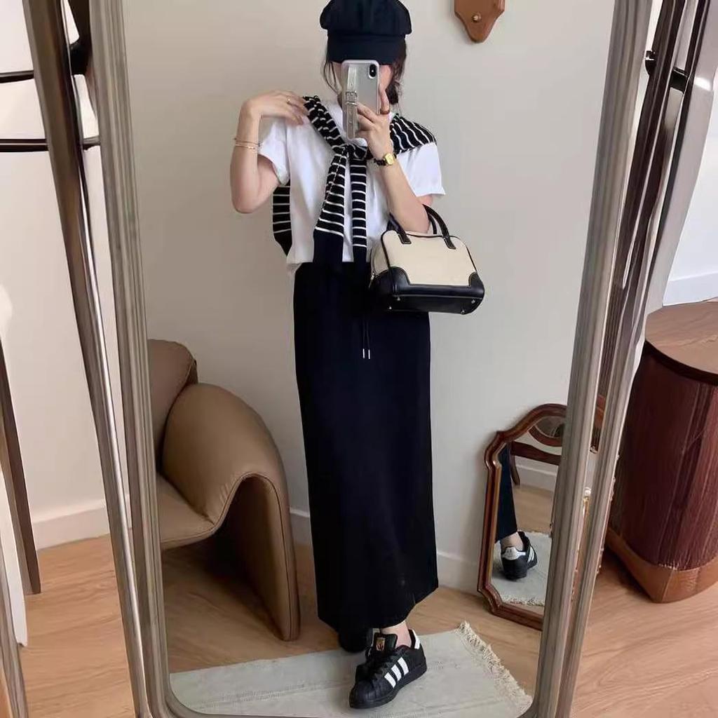 Женская юбка с высокой талией и шнуровкой: Новый стиль весна/осень, повседневное платье А-силуэта с драпировкой, средней длины с разрезом на бедрах.