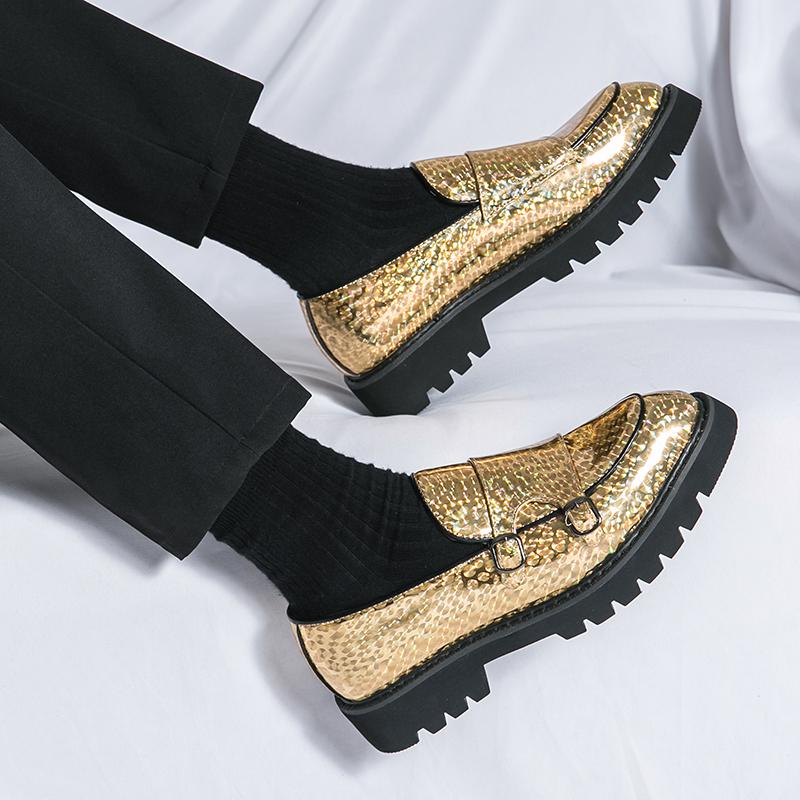 Мужские кожаные модные туфли золотистого цвета для вечеринок, свадеб, офиса, мокасины с двойной пряжкой, туфли-оксфорды на толстой подошве для бизнеса и отдыха