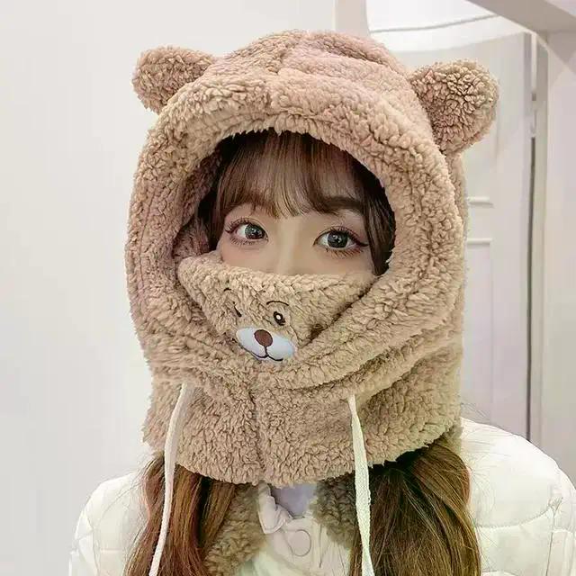 Зимняя мультяшная шапка с маской Медведь Ягненок Шапки-бини Теплые утолщенные защитные уши Шапки-бини для женщин и девочек Kawaii