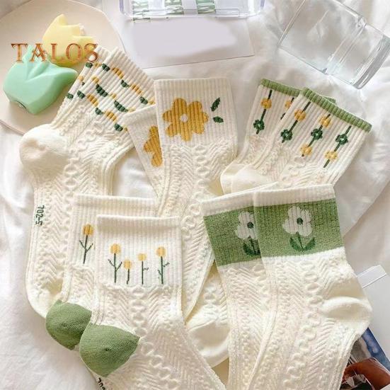 5 Pairs Women Socks Refreshing Flower Prints Mid-tube Shallow-cut High Elasticity Soft Breathable Sweat Absorption Anti-slip Girls Daily Sports Socks