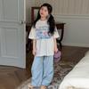 Летний комплект из футболки и широких брюк в корейском стиле для девочек - Быстросохнущий, Модный, Свободный крой, Двухпредметный