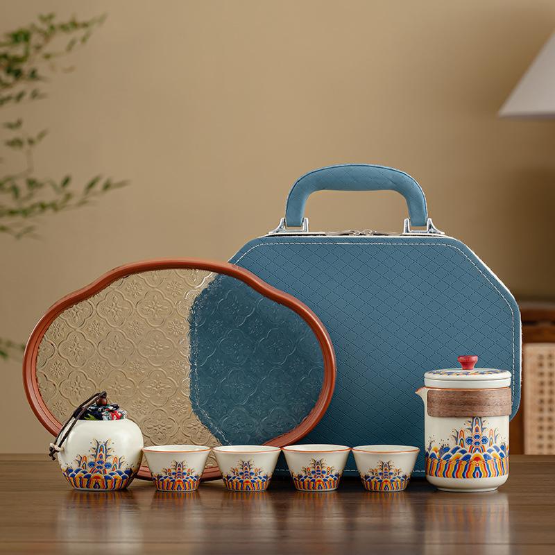 Light luxury tea set Household set Travel kung fu souvenir Ru kiln sea wave ancient rhyme pot Business outdoor portable tea set