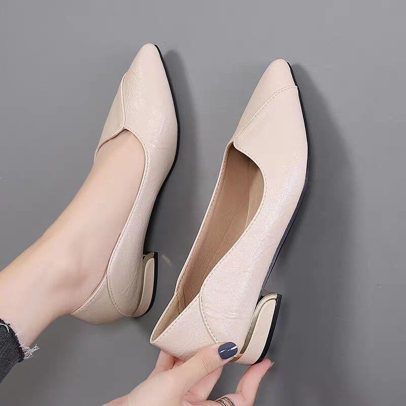 Single Shoe Women's Flat Bottomed Spring Thick Heel Pointed Leather Shoes Women's Work Shoes Lazy Shoes
