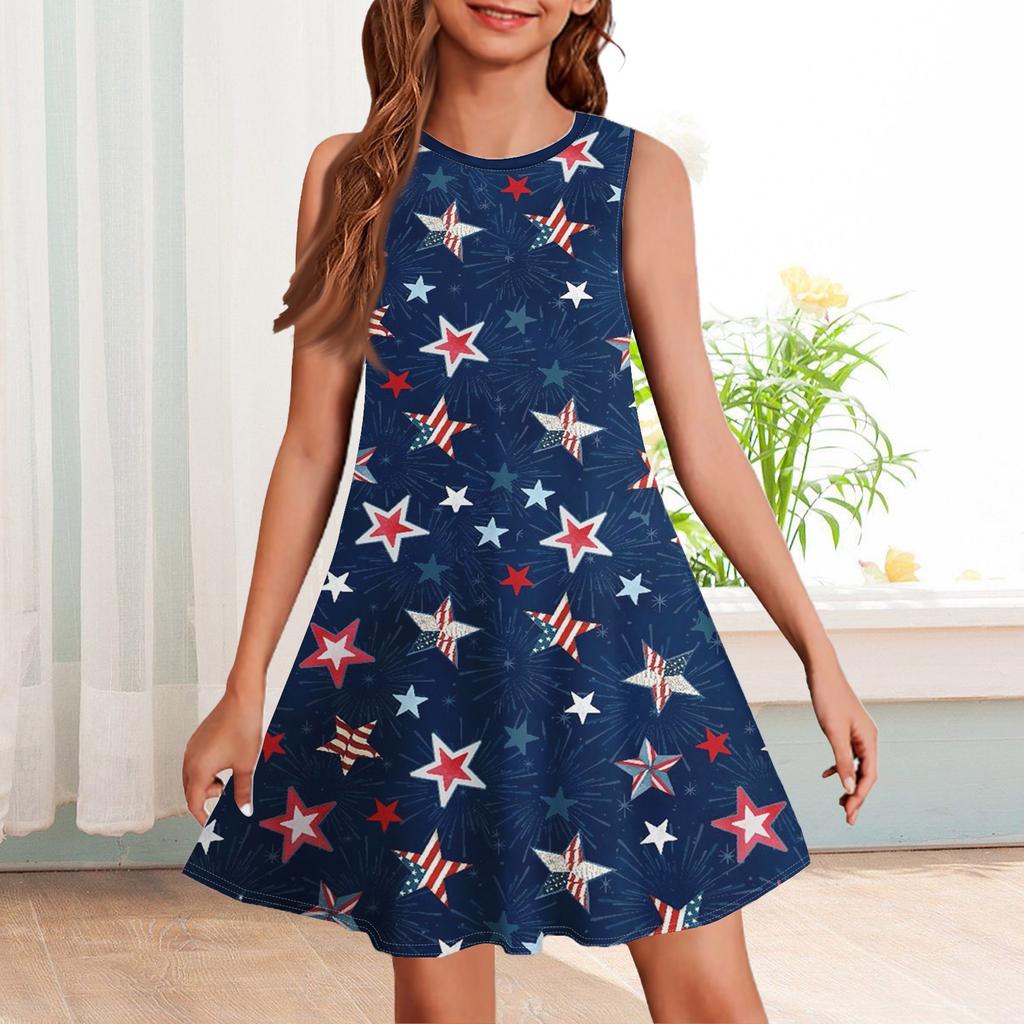Girl Summer Dress Sleeveless Printed Color Casual Dress