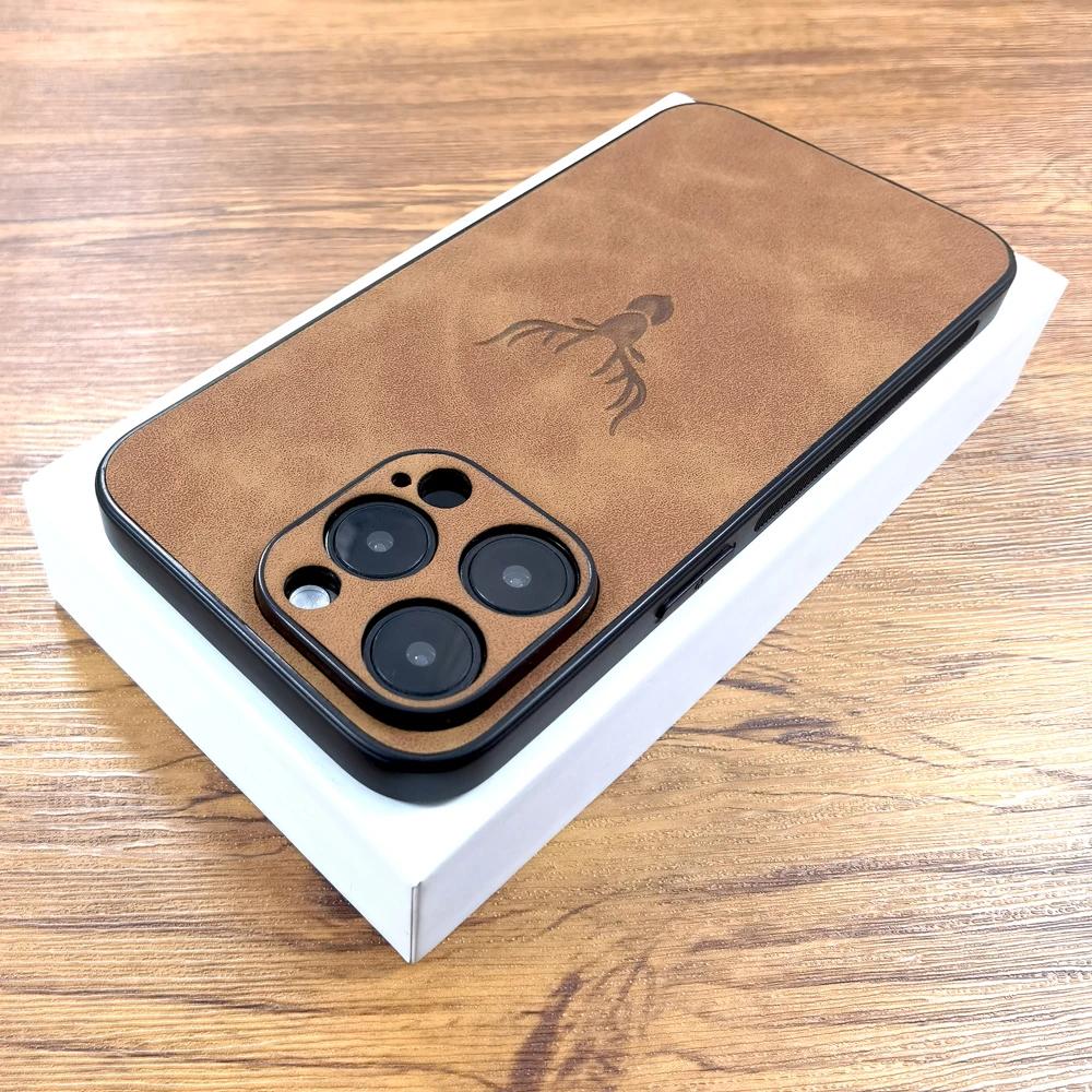 Роскошный чехол из искусственной кожи PU Retra для iPhone 17 Air 16 15 14 13 12 11 Pro Max iPhone11 iPhone12 11Pro 12Pro с рисунком оленя, полная защита
