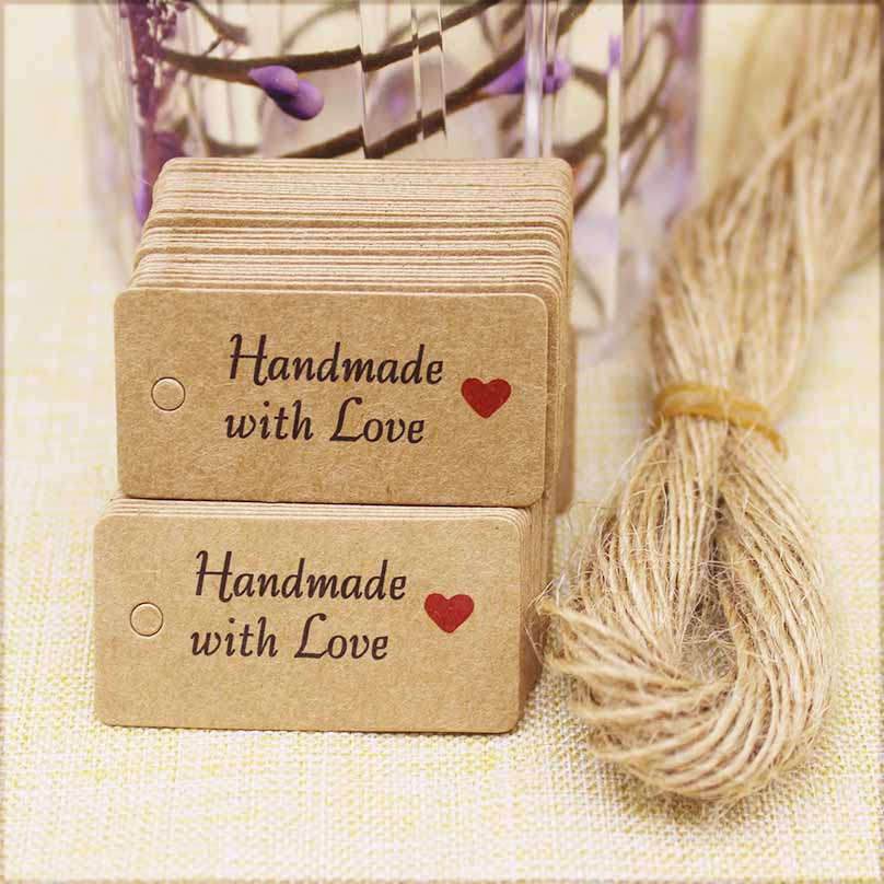 100 шт. Бирки из крафт-бумаги с веревочками, ручная работа, с любовью, бирки для одежды, бирки для конфет/подарков/печенья, этикетки для упаковки, карточки