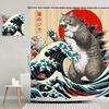 Japanese Cat Shower Curtain, Vintage Anime Sunset Wave Art, Waterproof Fabric With Hooks