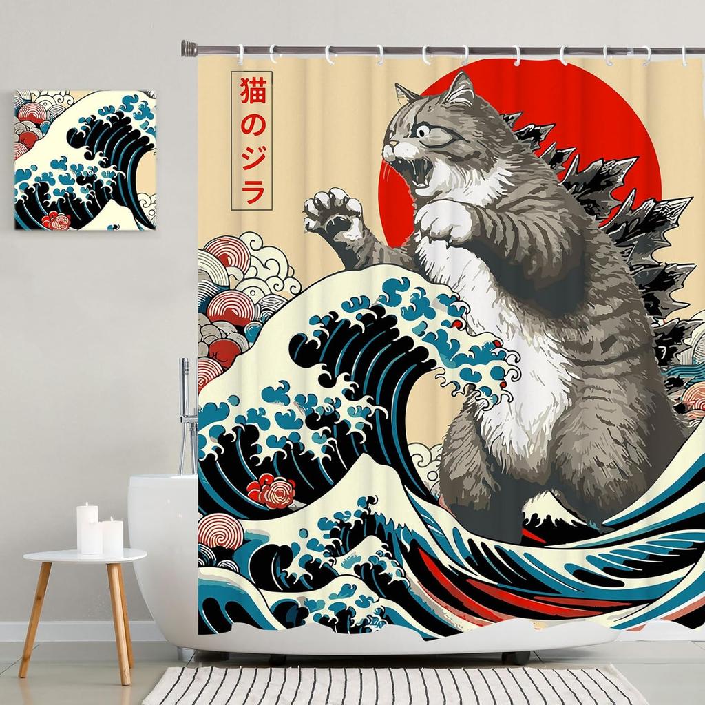 Japanese Cat Shower Curtain, Vintage Anime Sunset Wave Art, Waterproof Fabric With Hooks