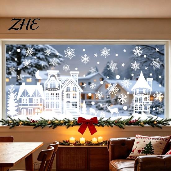 Reusable Glass Clings for Winter 2Pcs Christmas Town Static Sticker, Window Decal with Snowflake PVC Scene Decorations Pattern, Decorative Holiday