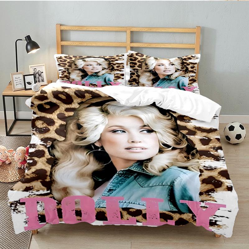 Dolly-Parton Leopard Print 3pcs Bedding Set,Including 1pc Duvet Cover And 2pcs Pillowcases Perfect Gift for Christmas,Ideal for Bedroom, Dormitory