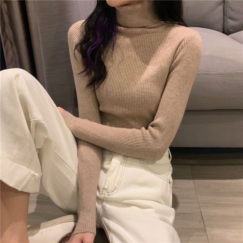 Turtleneck Pullovers Sweaters Women Autumn Winter Knitted Shirts Solid Color Long Sleeve Slim-fit Tight Jumper Tops