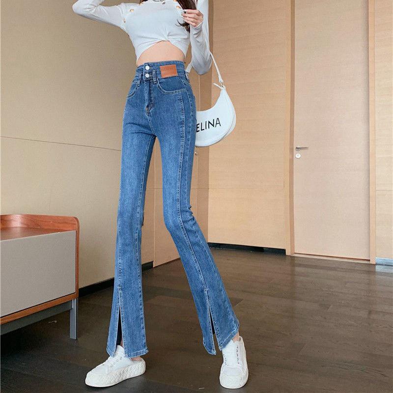 2023 Women's Light Color Elastic Flared Jeans - Slim, Floor-Length, Split Wide-Leg Pants