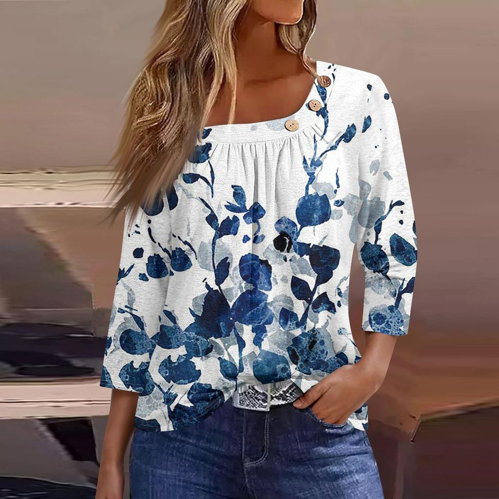 Жен. Футболка Футболка С принтом Пуговицы Рукав 3/4 Повседневные Выходные Мода Классический Классический Верх