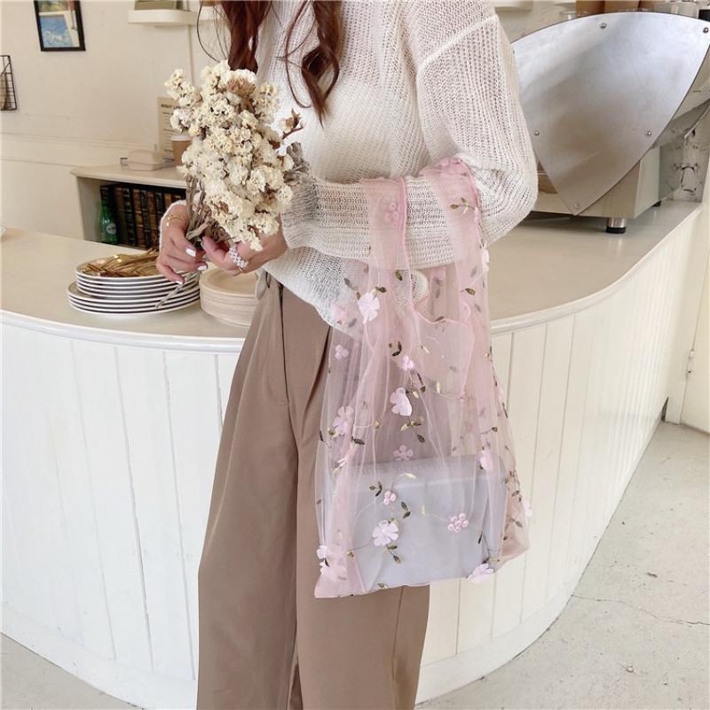 Female Flower Embroidered Hand Bag Shoulder Bags Casual Tote Reusable Shopping Bags Women Handbags New Fashion Summer Beach Bag