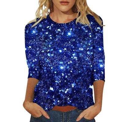 Модные женские футболки с рукавом три четверти, повседневные, с принтом поддельных пайеток, с круглым вырезом, свободные футболки для вечеринок, футболки