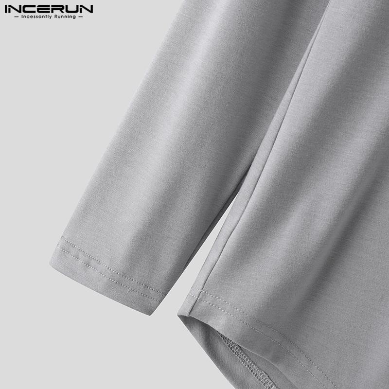 INCERUN Мужские футболки с длинным рукавом и застежкой-молнией, асимметричные, с разрезами, топы