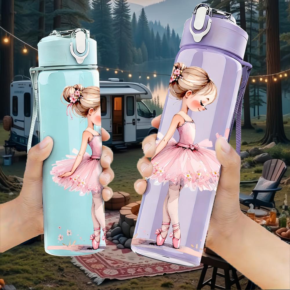1PC Soft Pink Tutu Ballerina Silhouette 750ml Color Plastic Water Bottle Leakproof Flip Straw Lid For Sports Office Home Use