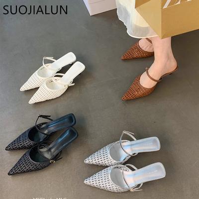 Модные женские тапочки SUOJIALUN 2025 нового бренда, модное плетение, заостренный носок, слипоны, женские мюли, обувь на тонком низком каблуке, уличные нарядные сандалии