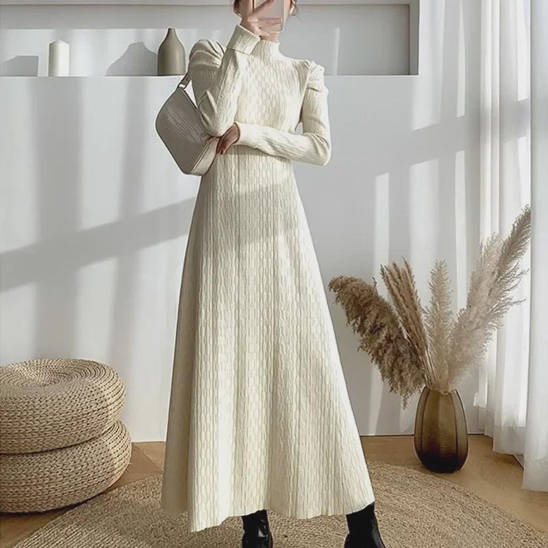 2024 A/W High Waist Knit Sweater Dress with High Neck and A-Line Skirt