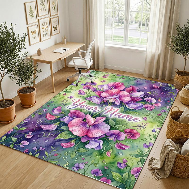 Floral Garden Art Theme Soft Crystal Velvet Rug Custom Name & Text Print Non Slip Floor Rug for Bedroom Living Room