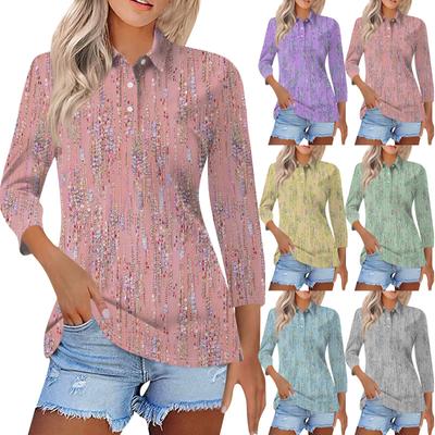 Женская модная повседневная рубашка с короткими рукавами 3/4 с лацканами и принтом, женские топы на пуговицах