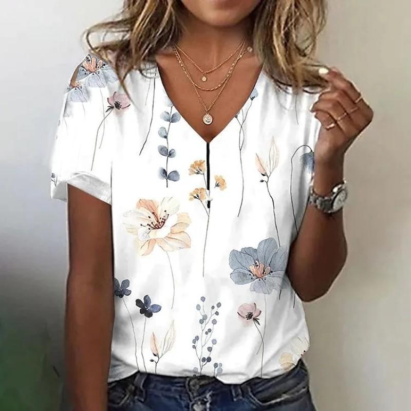 Fashion Women'S T-Shirt 3d Flowers Print Clothing V-Neck Short Sleeve Tops Summer Harajuku Ladies Pullover Oversized Female Tees