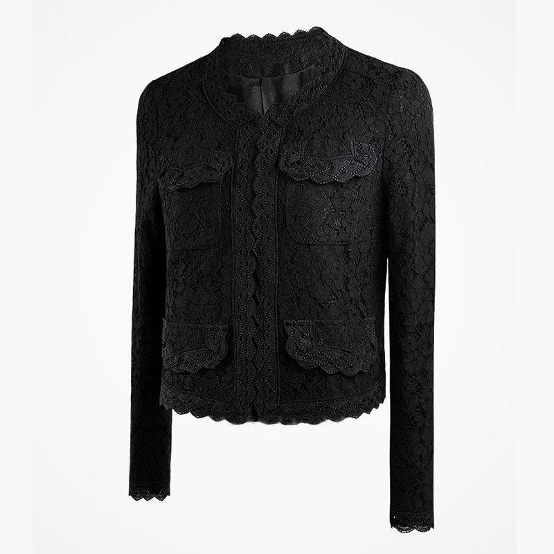 Элегантный женский пиджак с длинным рукавом, ажурная женская куртка, кружевная лоскутная офисная женская верхняя одежда, черный, белый цвет