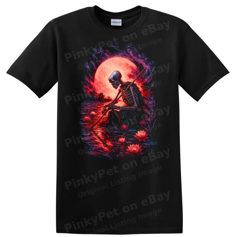 Skeleton Sitting w/ Lotus Flowers Moonlight Art T Shirt Cool Graphic Tee