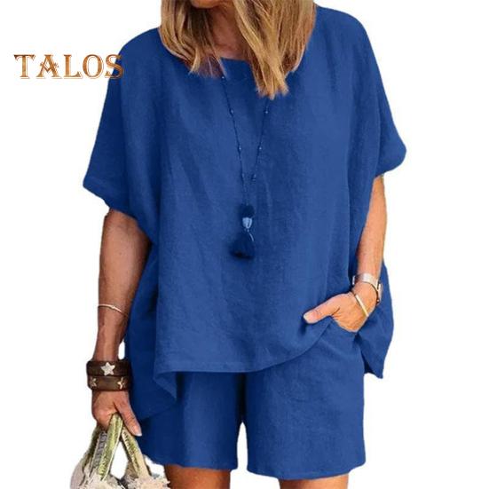 Women's Cotton Linen 2-Piece Outfit Short Sleeve Crewneck Pullover Top And Shorts Set with Pockets Summer Casual Loungewear Tracksuit