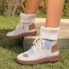 Beige & Blue Plaid Chunky Low Heel Lace-Up Ankle To Mid-Calf Booties - Round Toe Casual Winter with Sole & Fabric Upper