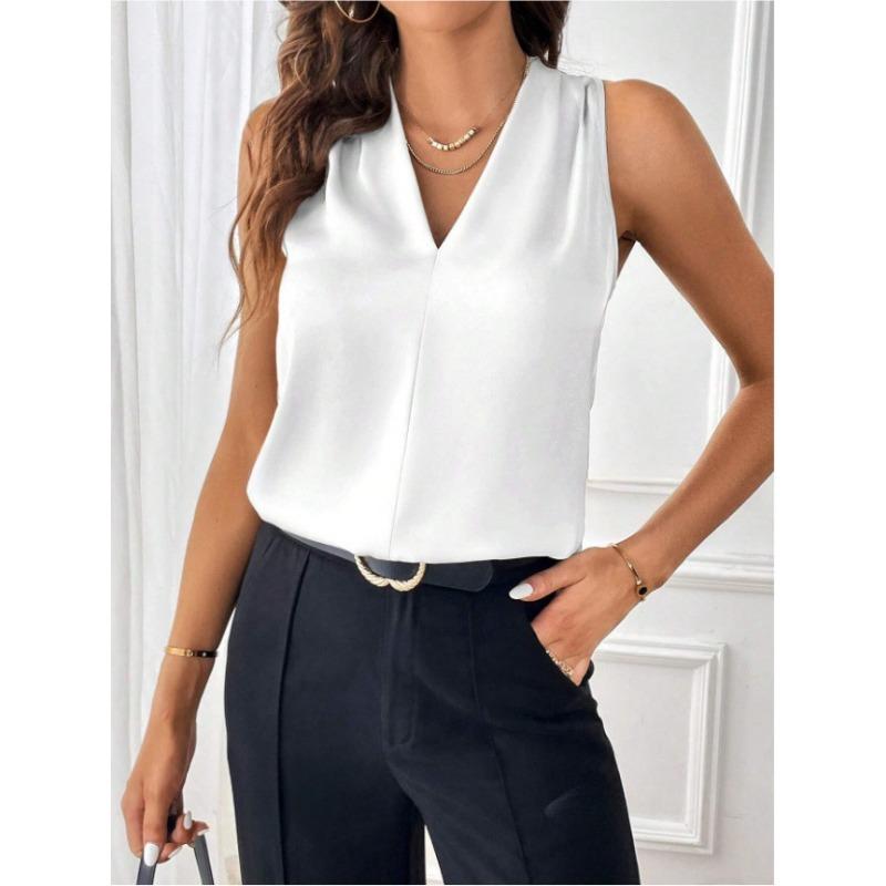 Женская мода новый без рукавов V-образный вырез свободный однотонный жилет топ