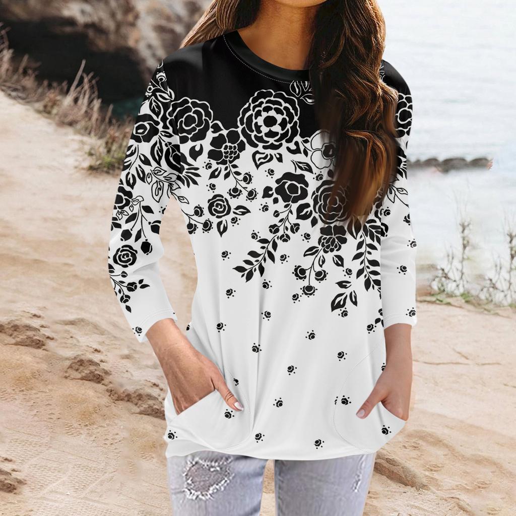 Женская модная повседневная футболка с карманом и круглым вырезом с рукавами 3/4 и топом